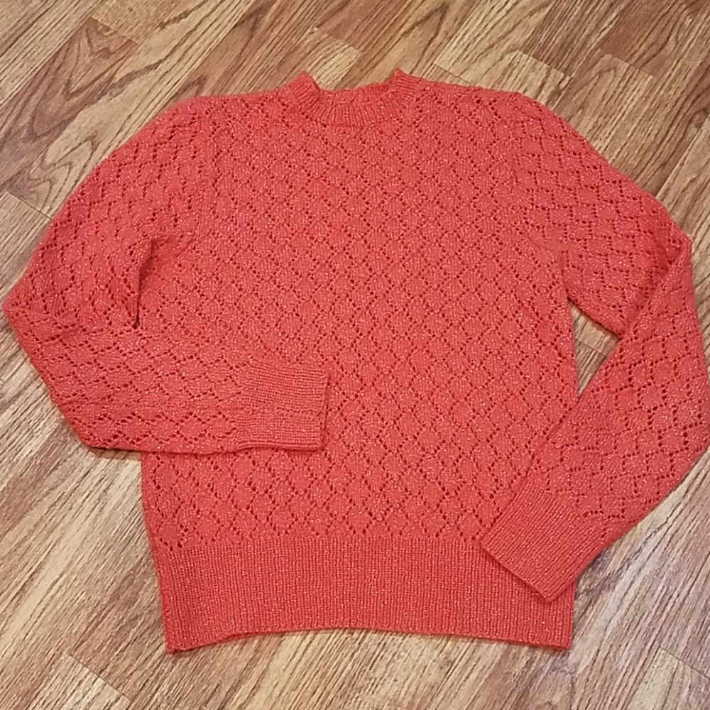 Vintage Hi Neck Orange Sparkle Open Knit Sweater